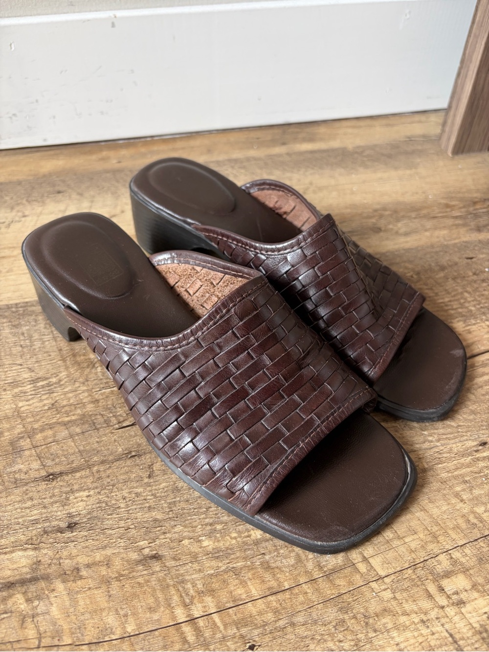 Chocolate Brown Woven Leather Open Square Toe Block Heeled Sandals 90s